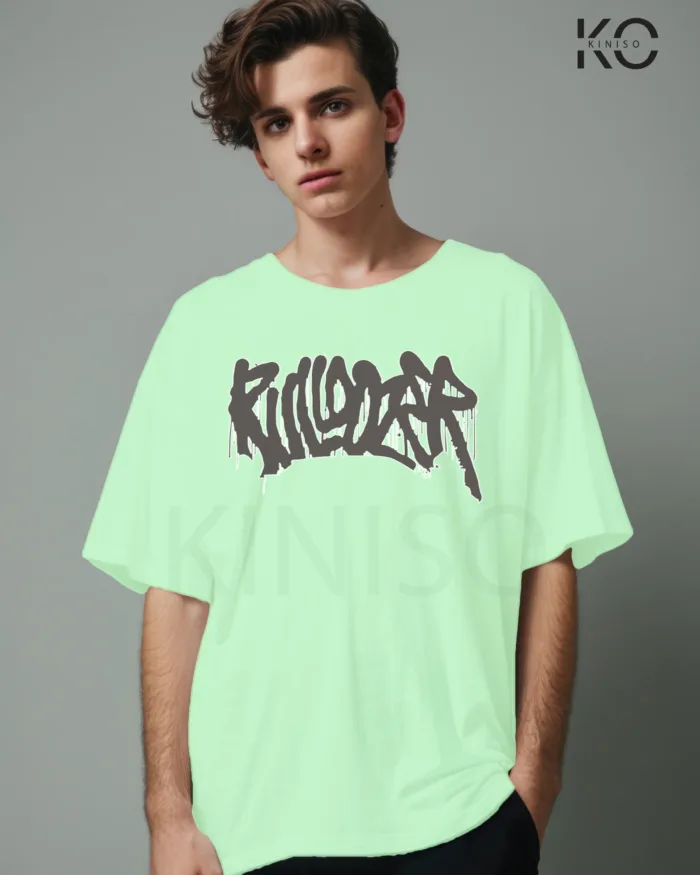 Image of Pastel Mint color drop shoulder t-shirt with Bulldozer Print for men at reasonable price